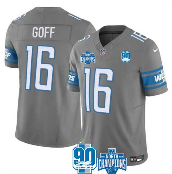 Men & Women & Youth Detroit Lions #16 Jared Goff Gray 2023 90th Anniversary North Division Champions Patch Limited Stitched Jersey